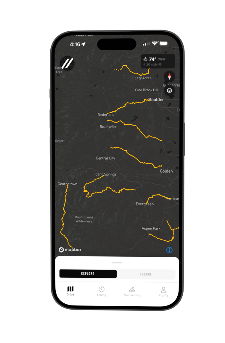 The FREEROAM map showing curated driving roads through the Colorado Front Range, with current weather and a compass control.
